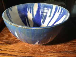 Vintage Studio Art Pottery Starburst Bowl Blue Drip Hand Crafted Signed Knol 8”