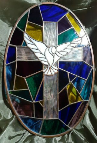 Vintage Oval 15 " H × 11 " W Handmade Stained Glass Dove And Cross Sun Catcher/panel