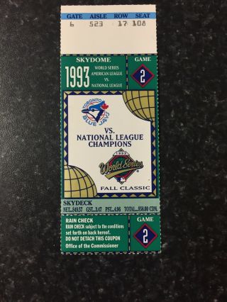 1993 World Series Mlb Game 2 Ticket Stub Toronto Blue Jays Champions Skydome