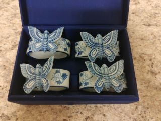 Vintage White And Blue Butterfly Napkin Holders In Blue Box