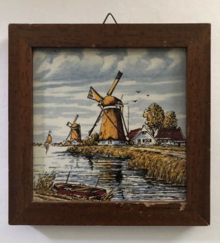 Vintage Delft Polychrome Brown Hand Painted In Holland Windmills Ceramic Tile