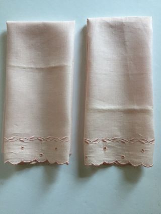 2 Vtg Light Pink Madeira Hand Embroidered Linen Guest Bath Tea Towel