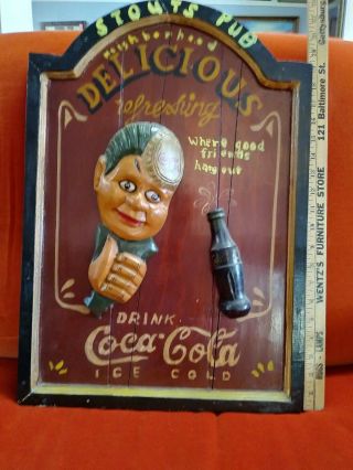 Vintage Look Coca Cola Hanging Wooden Sign.  Stouts Pub.  Hand Painted.