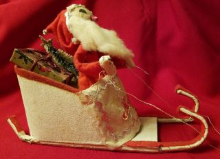 Vintage Christmas Decor Flocked,  Felt,  Paper Mache Santa On Sleigh Made In Japan