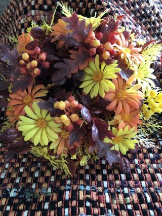 Vintage Fall Candle Ring Plastic Wreath Daisy Berries Orange Yellow Rust 9”dia.