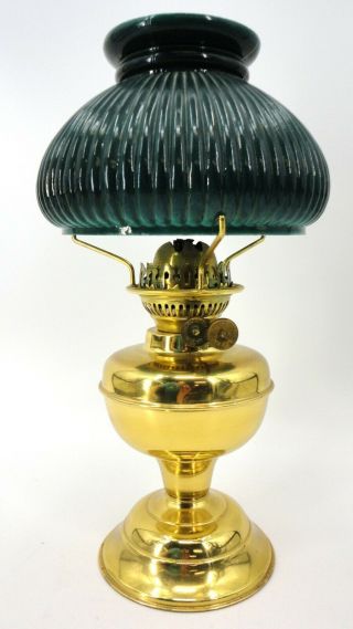 Vtg Duplex Brass Double Burner Oil Lamp With Dark Green Shade John Scott England