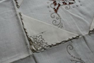 Vintage Pure Linen Tablecloth Portugal Tag 35x35 4 Napkins Cut Work Embroidery 3