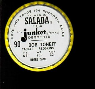 1963 Salada Tea Junket Football coin Bob Toneff T Redskins 90 NFL Washington 2