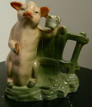 Antique German Pink Pig Porcelain Pigs By Fence Toothpick / Match Safe