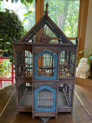 Vintage Hand Crafted Wood Bird Cage Antique Victorian Style For Use Or Decor