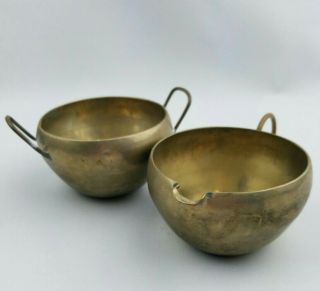 Vintage Art Deco Solid Brass Creamer & Sugar Bowl With Handles Handcrafted Metal