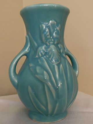 Vintage Shawnee Small Vase W Green Glaze And Iris Decor On Both Sides.