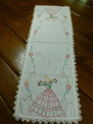 Vtg Shabby Hand Embroidered Southern Belle Dresser Scarf Table Runner Lace Edges