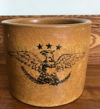 Antique Stoneware Salt Glaze Mustard Crock W/ Cobalt Blue American Eagle Stars