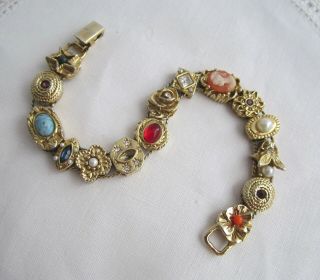 Vintage Goldette Victorian Revival Slide Bracelet With 15 Charms Unsigned
