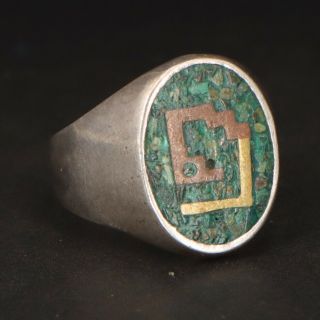 Vtg Sterling Silver Brass & Copper - Mexico Turquoise Signet Ring Size 9 - 11g