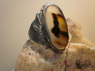 Vintage/antique Art Deco Sterling Silver Moss Agate Ring Clark And Coombs 7.  5