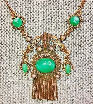 Vintage Antique Art Deco Peking Green Czech Glass Necklace