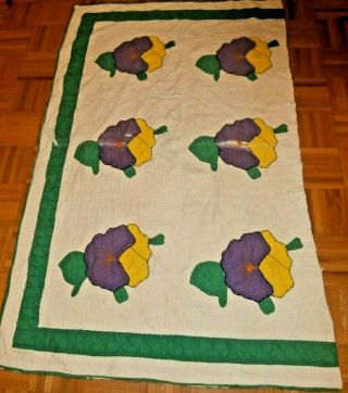 Vintage Hand Appliqued Pansy Pattern Cutter Quilt Piece 37 " X 56 "