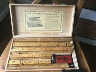 Vtg Sign Price Marker / Printing Set " The Excelsior " Orig Wooden Dovetail Box