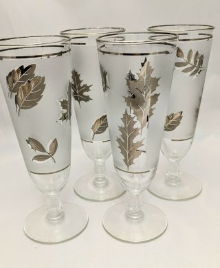 Set Of 4 Vintage Frosted Silver Leaf Libbey Glass Pilsner Glasses