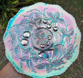 Antique Fenton Carnival Glass Blue Three Fruits 12 Sided Plate Pastel Colors