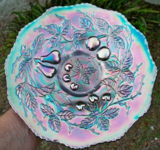 Antique Fenton Carnival Glass Blue Three Fruits 12 Sided Plate Pastel Colors 3