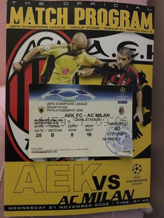 Ticket And Programme Aek Fc - Milan Fc