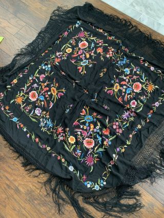 Antique Embroidered Black Silk Piano Shawl Scarf Boho Hippie Wear