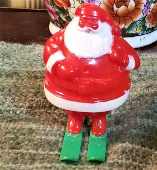 Vintage Santa Claus On Skis Hard Plastic Candy Container & Christmas Decoration