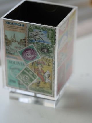 Vintage Stamp Spinning Pen / Pencil Holder Desktop Organizer