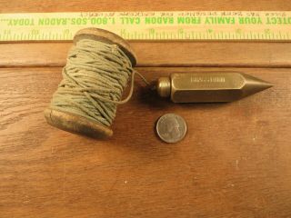 Vintage 5.  2 Oz Brass Plumb Bob W/ Old Wood Line Spool " Brassturn " Old Usa Tools