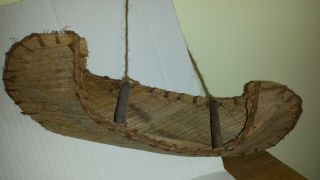 Vintage Folk Art Hand Made Bark Wood Miniature Wooden Canoe Model Toy