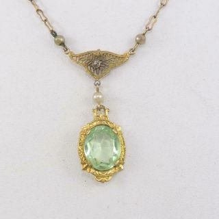Vintage Antique Art Deco Gold Tone Filigree Green Dangle Necklace Qzd4