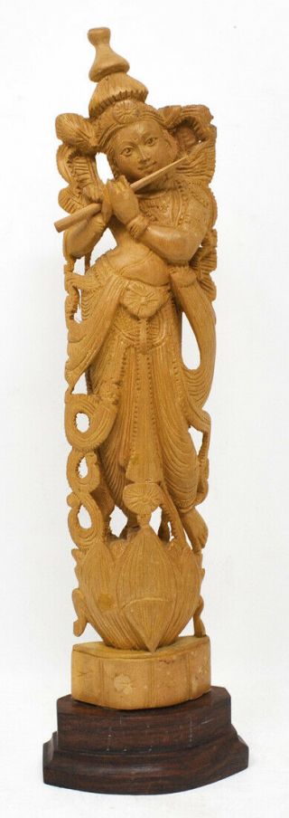 Vintage 14 " Statue Of Krishna On Lotus Flower Playing Flute