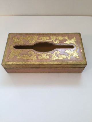 Vintage Italy Gold Florentine Powder Pink Tissue Box Holder Gilded Wood