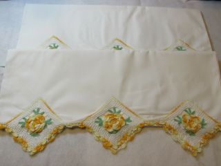 Vintage Embroidered Yellow & Orange Flower / Floral Pillow Cases