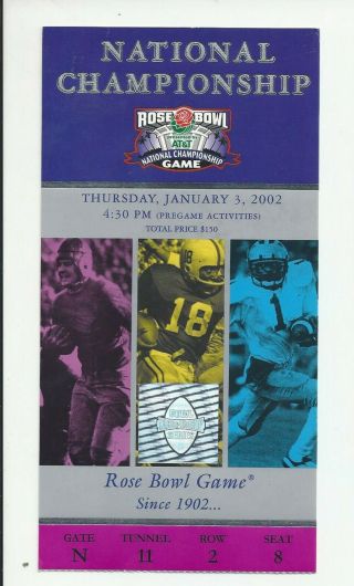 2002 Nebraska Miami National Champions Rose Bowl College Football Ticket Stub