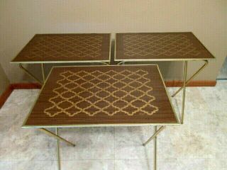 Vintage Mc " Lavada " Brown/gold Faux Wood Tv Trays - Set Of 3 -