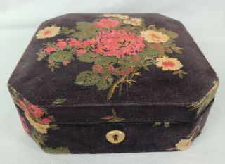Antique Vintage 1926 Black Velvet Floral Lord & Taylor Jewelry Box Made In Italy