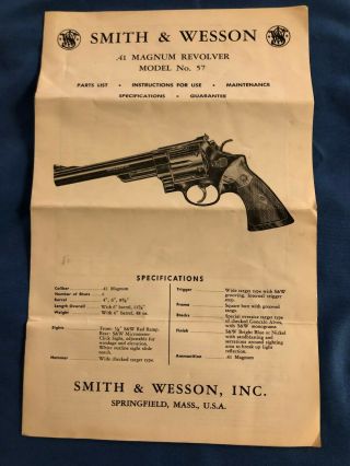 Smith & Wesson.  41 Magnum Revolver Model No.  57 Instructions Vintage