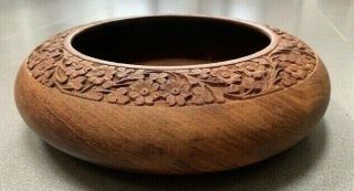 Vintage Hand Carved Floral Design Large Wooden Bowl,  Grain & Patina