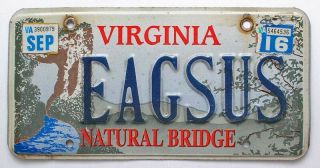 Virginia 2016 Natural Bridge Personalized Vanity Specialty License Plate,  Eagsus