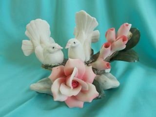 Vintage Capodimonte Porcelain Two Doves And Pink Roses