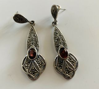 Vintage Sterling Silver Red Garnet Marcasite Dangle Earrings