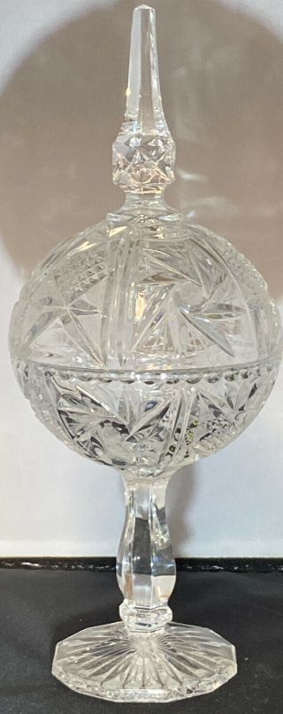 Antique 15” American Brilliant Cut Glass Globe W/ Finial 6” Bowl