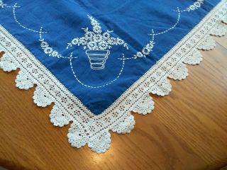 Vintage Hand Embroidered Blue Tablecloth / Table Scarf W Crocheted Edging