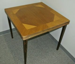 Vintage Castlewood Wooden Folding Card Table Inlay Corner Pattern Locking Legs