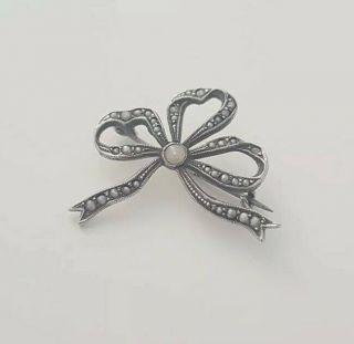 Antique Edwardian Silver And Seed Pearl Bow Brooch Pin