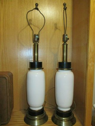 2 Tall Mid Century Modern Ceramic Table Lamp White Brass & Wood Accents